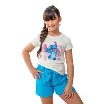 Conjunto Meninas Camiseta Off-White Stitch e Short Azul Polly Kids Conjunto Meninas Camiseta Off-White Stitch e Short Azul Polly Kids