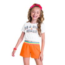 Conjunto Meninas Cropped Branca Be Nice e Short Moletom Laranja Kyly