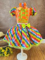 Conjunto Meninas Junino Cropped Laranja com Mini Saia Colorida - Vestido Infantil