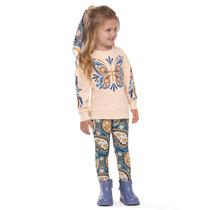 Conjunto Meninas Moletom Bege Borboleta Azul e Legging Estampada Nanai