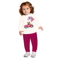 Conjunto Meninas Moletom Cachorrinho no Carro Off-White e Pink Kyly