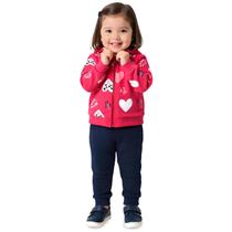 Conjunto Meninas Moletom Zíper Pink Corações e Calça Azul Marinho Kyly Tamanho:3 anos
