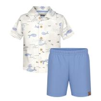 Conjunto Menino Alakazoo Camisa Cotton Estampada e Bermuda Moletom Off/Azul