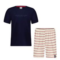 Conjunto Menino Alakazoo Camiseta em Algodão Azul Marinho e Bermuda em Moletom Listrada Off White e Vermelho Conjunto Menino Alakazoo Camiseta em Algodão Azul Marinho e Bermuda em Moletom Listrada Off White e Vermelho