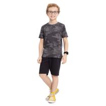 Conjunto Menino Alakazoo Camiseta em Algodão Camuflada Preto e Bermuda em Moletom