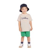 Conjunto Menino Alakazoo Camiseta em Meia Malha Penteada Listrada Bege e Bermuda com Bolso em Moletom Verde