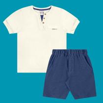Conjunto Menino Angerô Camiseta Algodão e Bermuda Moletinho Off White/Azul