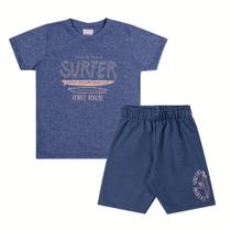 Conjunto Menino Angerô Camiseta Algodão Escrito "Surfer" e Bermuda Moletinho Azul