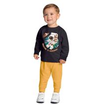 Conjunto Menino Blusa e Calça em Moletom Peluciado Estampa Astronauta Cinza/Amarelo - Kyly