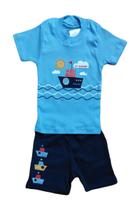 Conjunto Menino Camiseta Azul c/ Short Marinho Barco