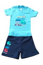 Conjunto Menino Camiseta Azul c/ Short Marinho Carrinho Cores