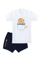 Conjunto Menino Camiseta Branca c/ Short Azul Leão Bolso