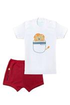Conjunto Menino Camiseta Branca c/ Short Vermelho Leão Bolso