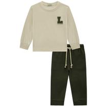Conjunto Menino Camiseta em Meia Malha Bege e Calça Skinny Canelado Verde -LucBoo