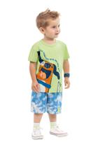Conjunto Menino Camiseta Meia Manga Verde Cachorro e Bermuda Azul e Branca