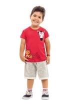 Conjunto Menino Camiseta Meia Manga Vermelha Zebra e Bermuda Off Mescla