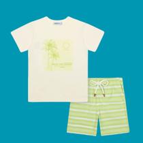 Conjunto Menino Divertto Camiseta Algodão e Bermuda em Sarja Ecológica Off/Verde Neon