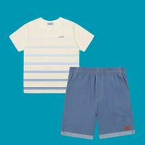 Conjunto Menino Divertto Camiseta Algodão Listras e Bermuda Molecotton Jeans Off/Azul