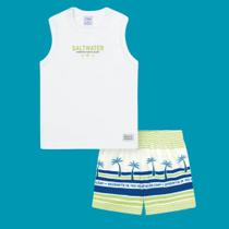 Conjunto Menino Divertto Regata Algodão e Bermuda Nylon Estampada Branco/Verde