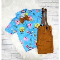 Conjunto Menino Infantil Linha Premium Temático Bob Esponja Azul +Bermuda Conjunto Menino Infantil Linha Premium Temático Bob Esponja Azul +Bermuda