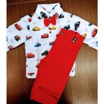 Conjunto Menino Infantil Luxo Manga Longa Temático Carros + Calça Vermelha