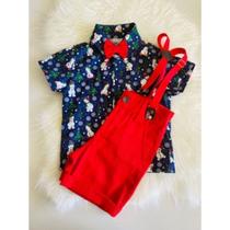 Conjunto Menino Infantil Luxo Natal + Bermuda Vermelha +Gravata