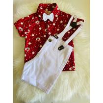 Conjunto Menino Infantil Luxo Natal Vermelho + Bermuda Branca + Gravata Conjunto Menino Infantil Luxo Natal Vermelho + Bermuda Branca + Gravata