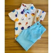 Conjunto Menino Infantil Luxo Temático Bolofofo +Bermuda Azul Claro +Suspensorio