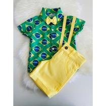 Conjunto Menino Infantil Luxo Temático Brasil Bandeira + Bermuda Amarela