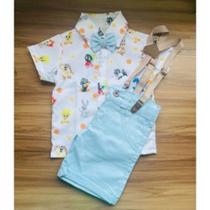 Conjunto Menino Infantil Luxo Temático Looney Tunes Baby + Bermuda Azul