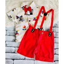 Conjunto Menino Infantil Luxo Temático Mickey Circo +Bermuda Vermelha