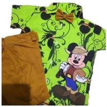 Conjunto Menino Infantil Luxo Temático Mickey Safari Verde + Bermuda Caramelo