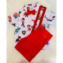 Conjunto Menino Infantil Luxo Temático Patrulha Canina +Bermuda Vermelha