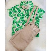 Conjunto Menino Infantil Luxo Tropicália Verde + Bermuda Caramelo