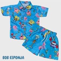 Conjunto Menino Infantil Mauricinho Temático Bob Esponja Azul