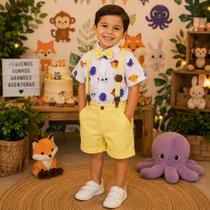 Conjunto Menino Infantil Temático Luxo Bolofofo + Bermuda Amarela Conjunto Menino Infantil Temático Luxo Bolofofo + Bermuda Amarela
