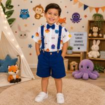 Conjunto Menino Infantil Temático Luxo Bolofofo + Bermuda Azul Marinho Conjunto Menino Infantil Temático Luxo Bolofofo + Bermuda Azul Marinho