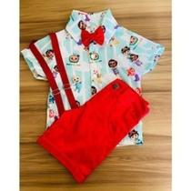 Conjunto Menino Infantil Temático Luxo Cocomelon +Bermuda Vermelho