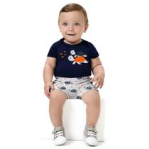 Conjunto Menino Kyly Body em Cotton Azul Marinho com Estampa de Tartaruga e Bermuda Mescla White em Moletom Leve