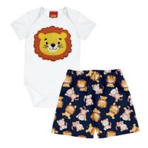 Conjunto Menino Kyly Body em Cotton Branco com Estampa de Leão e Bermuda Azul Marinho Saruel em Moletinho Sem Felpa