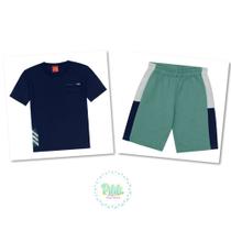 Conjunto Menino Kyly Camiseta Algodão Bermuda Moletom s/ Felpa Marinho/Verde