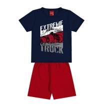 Conjunto Menino Kyly Camiseta Algodão com Estampa Carro Azul Marinho e Bermuda Moletom Sem Felpa Lisa Vermelho