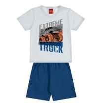 Conjunto Menino Kyly Camiseta Algodão com Estampa Carro Branco e Bermuda Moletom Sem Felpa Lisa Azul Old Navy