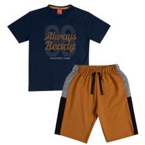 Conjunto Menino Kyly Camiseta Algodão Estampa Frontal Azul Marinho Bermuda Moletom Leve Marrom