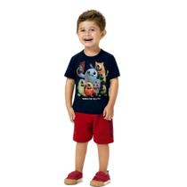 Conjunto Menino Kyly Camiseta Algodão Estampa Monstrinhos Bermuda Moletom Leve Vermelha