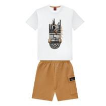 Conjunto Menino Kyly Camiseta em Algodão Estampa Skate e Bermuda Moletinho Branco/Marrom Conjunto Menino Kyly Camiseta em Algodão Estampa Skate e Bermuda Moletinho Branco/Marrom