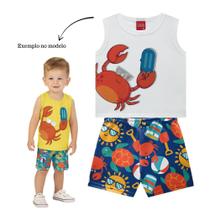 Conjunto Menino Kyly Regata Algodão e Bermuda Moletinho Estampado Branco/Azul Conjunto Menino Kyly Regata Algodão e Bermuda Moletinho Estampado Branco/Azul