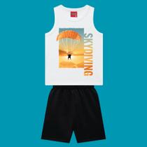 Conjunto Menino Kyly Regata Algodão Estampa Tropical e Bermuda Moletinho Branco/Preto