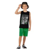 Conjunto Menino Kyly Regata em Algodão Surf e Bermuda Moletinho Preto/Verde