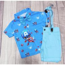 Conjunto Menino Linha Premium Temático Capitão América +Bermuda +Suspensório